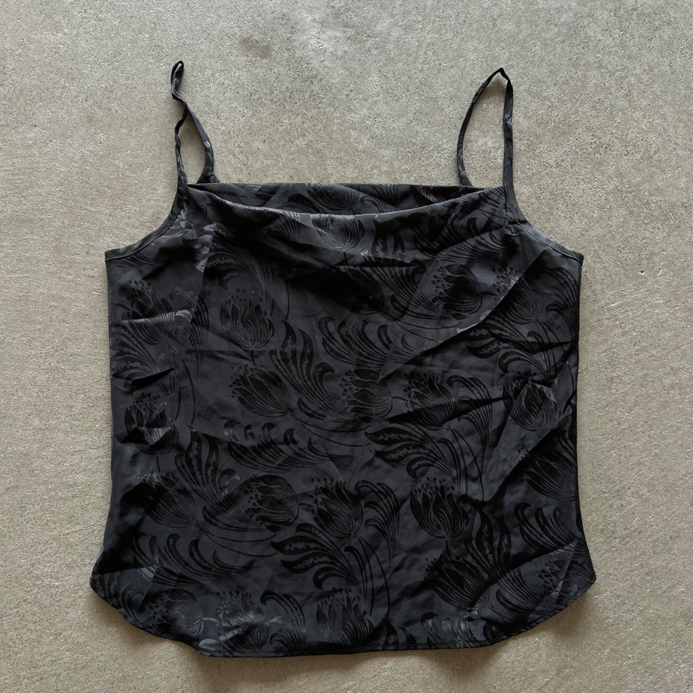 Vintage 90s Sauci California Camisole Top Tank Women Large Black Floral Jacquard